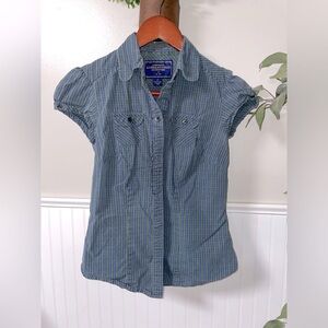 American Eagle Outfitters Blue and Green Striped Button-Down Shirt